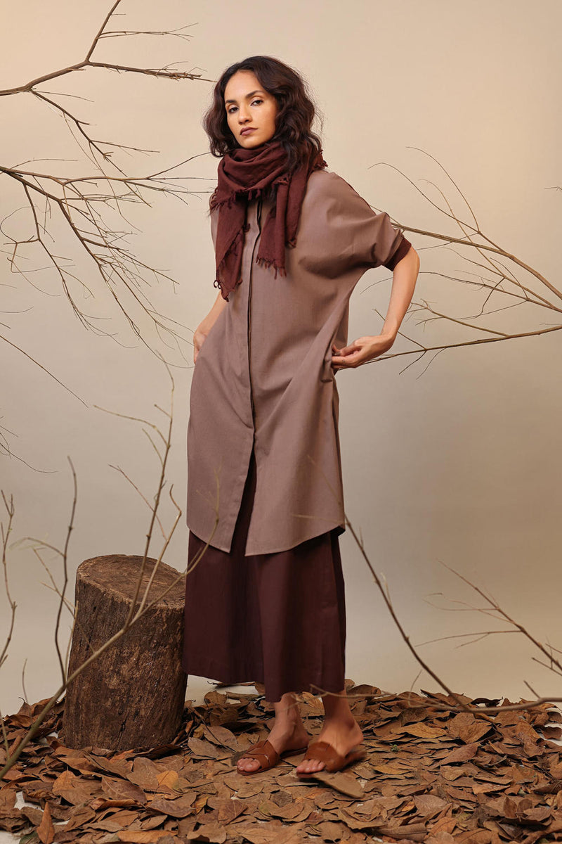 Beige & Brown Shirt Tunic 100% cotton by Mati in beige color for women in Singapore