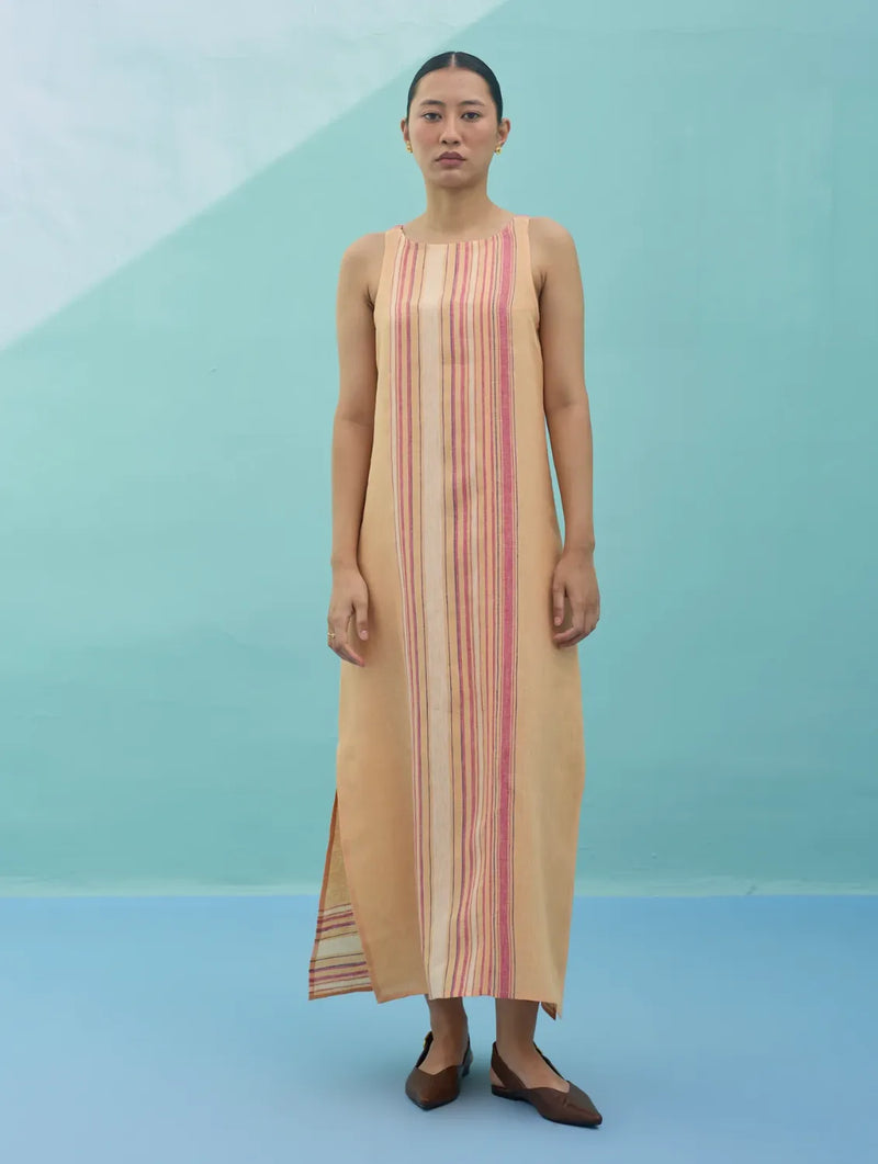 Beli Sleeveless Border Linen Dress - Apricot linen dress by Manan in apricot for women in Singapore