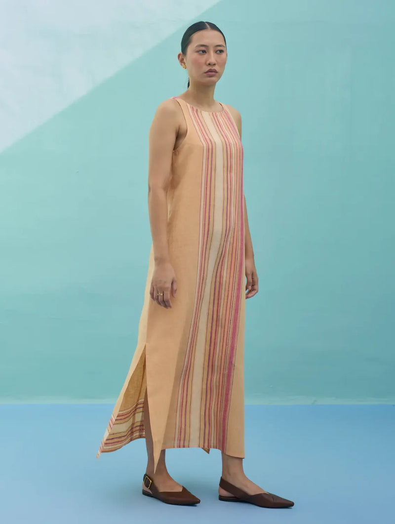 Beli Sleeveless Border Linen Dress - Apricot linen dress by Manan in apricot for women in Singapore
