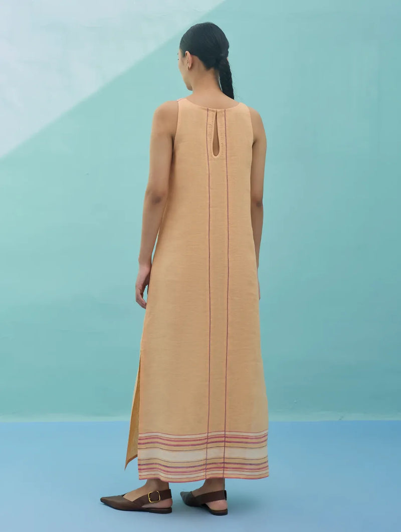 Beli Sleeveless Border Linen Dress - Apricot linen dress by Manan in apricot for women in Singapore