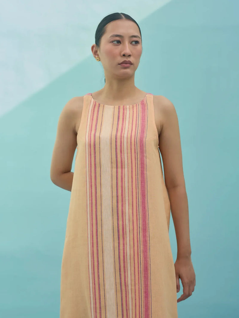 Beli Sleeveless Border Linen Dress - Apricot linen dress by Manan in apricot for women in Singapore