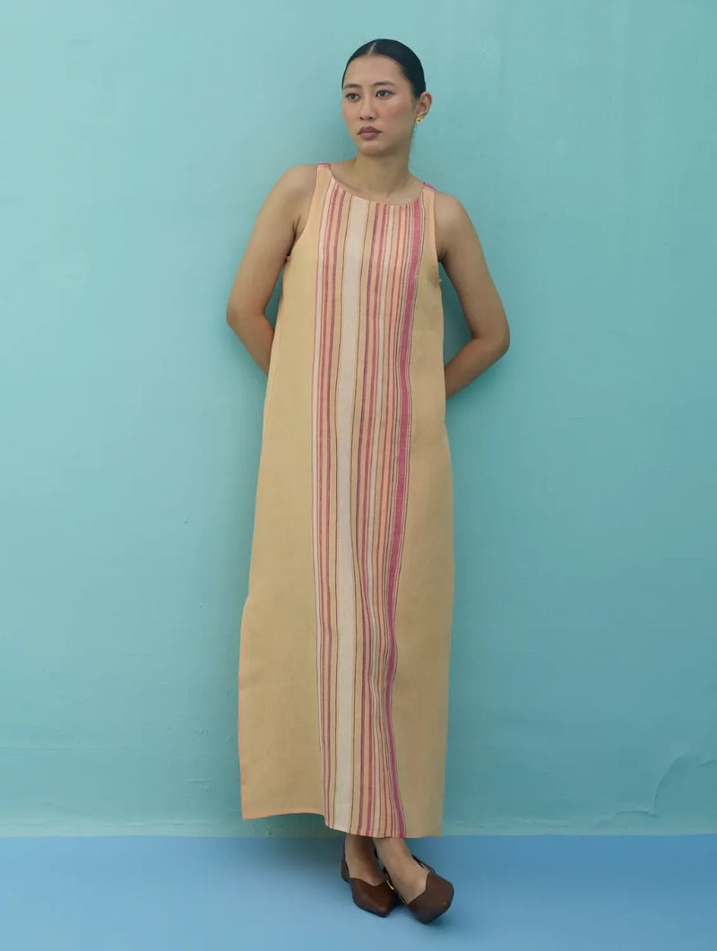 Beli Sleeveless Border Linen Dress - Apricot linen dress by Manan in apricot for women in Singapore