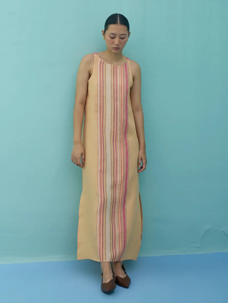 Beli Sleeveless Border Linen Dress - Apricot linen dress by Manan in apricot for women in Singapore