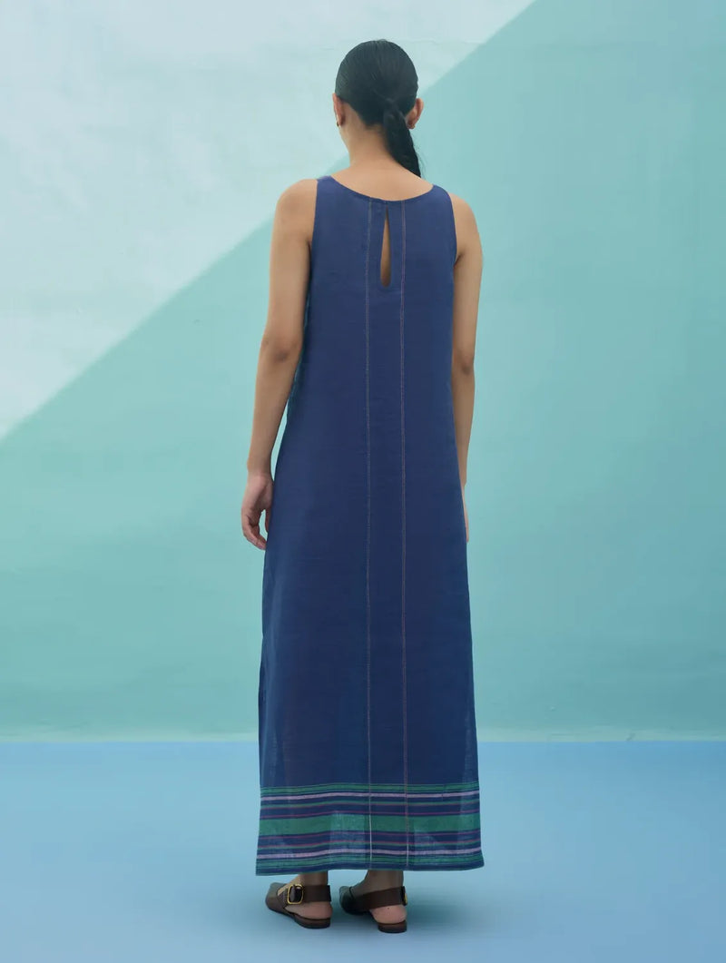 Beli Sleeveless Border Linen Dress - Indigo linen dress by Manan in navy for women in Singapore