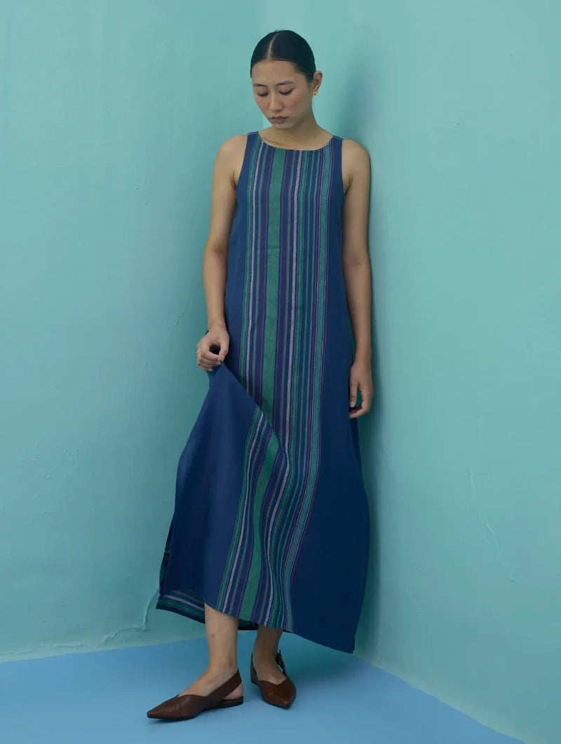 Beli Sleeveless Border Linen Dress - Indigo linen dress by Manan in navy for women in Singapore