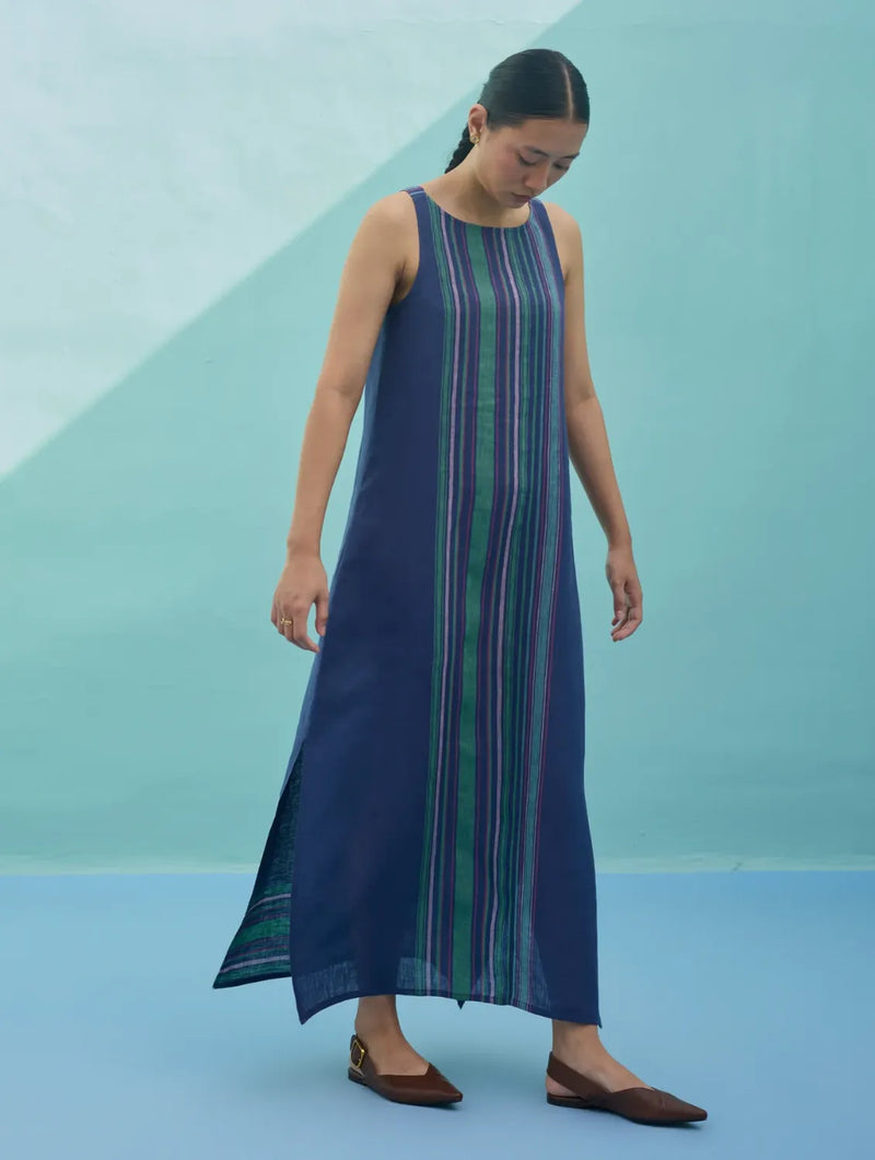 Beli Sleeveless Border Linen Dress - Indigo linen dress by Manan in navy for women in Singapore