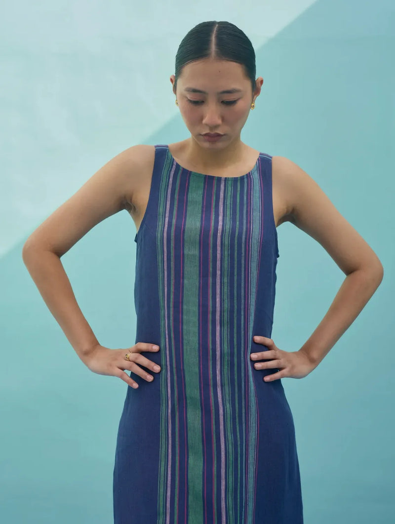 Beli Sleeveless Border Linen Dress - Indigo linen dress by Manan in navy for women in Singapore