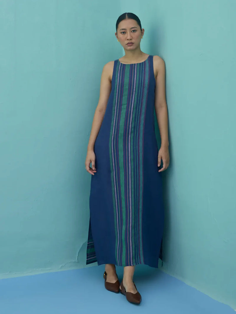 Beli Sleeveless Border Linen Dress - Indigo linen dress by Manan in navy for women in Singapore
