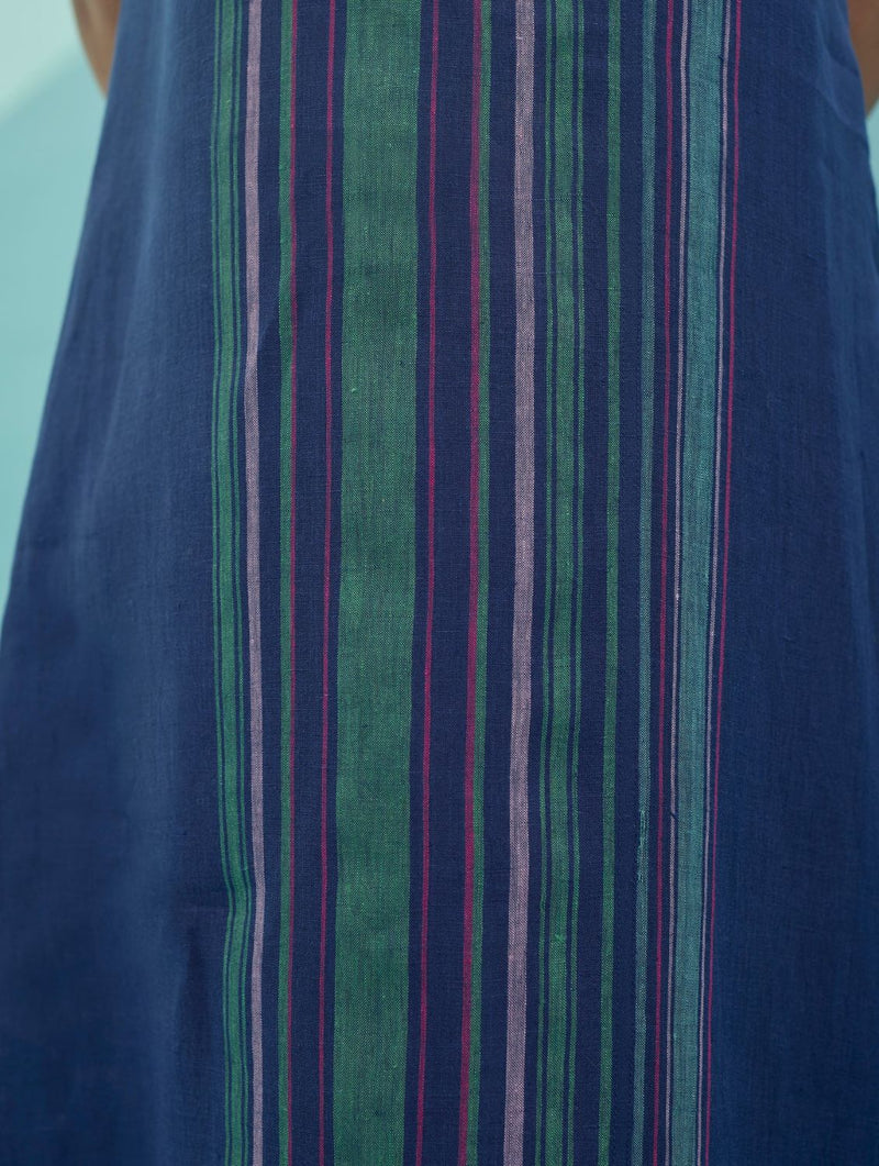 Beli Sleeveless Border Linen Dress - Indigo linen dress by Manan in navy for women in Singapore
