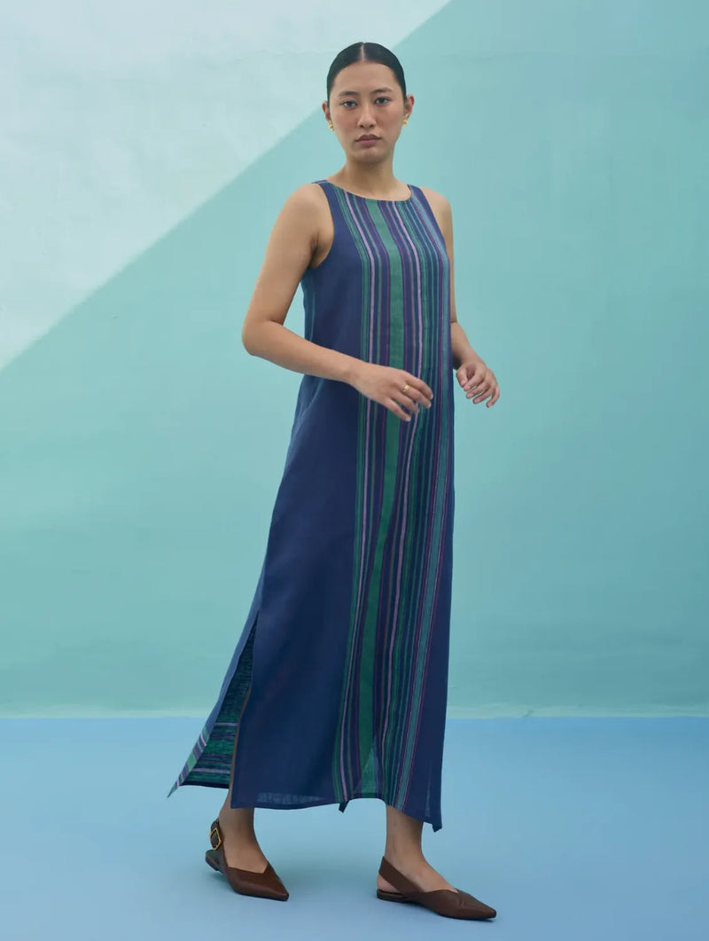 Beli Sleeveless Border Linen Dress - Indigo linen dress by Manan in navy for women in Singapore