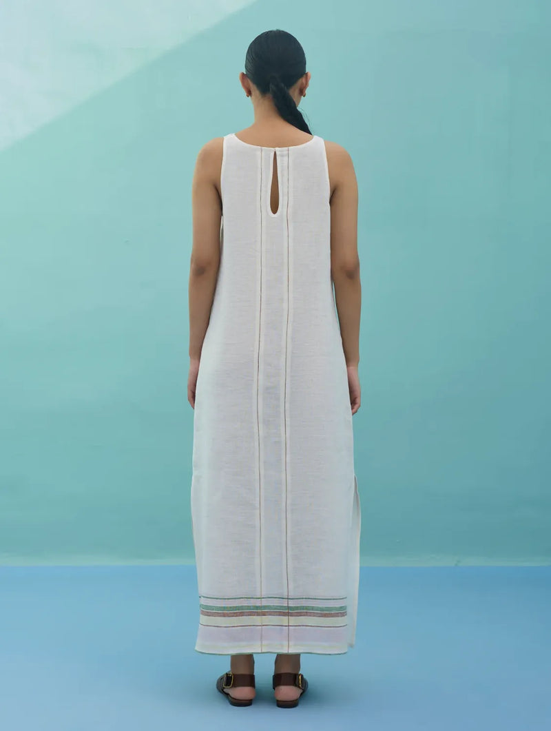 Beli Sleeveless Border Linen Dress - Ivory linen dress by Manan in ivory for women in Singapore
