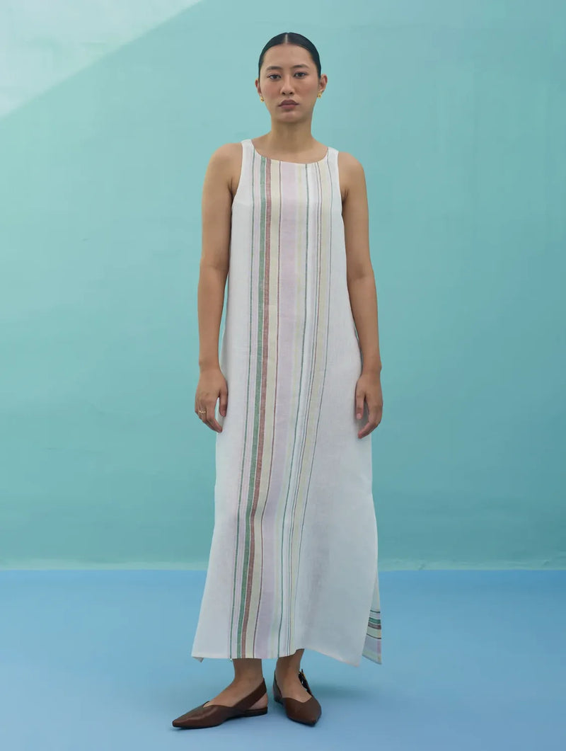 Beli Sleeveless Border Linen Dress - Ivory linen dress by Manan in ivory for women in Singapore