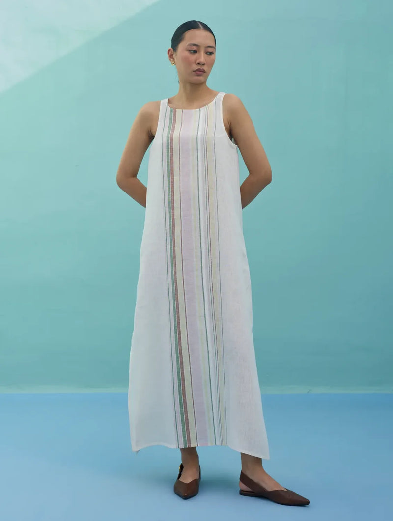 Beli Sleeveless Border Linen Dress - Ivory linen dress by Manan in ivory for women in Singapore