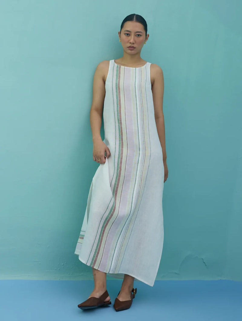 Beli Sleeveless Border Linen Dress - Ivory linen dress by Manan in ivory for women in Singapore