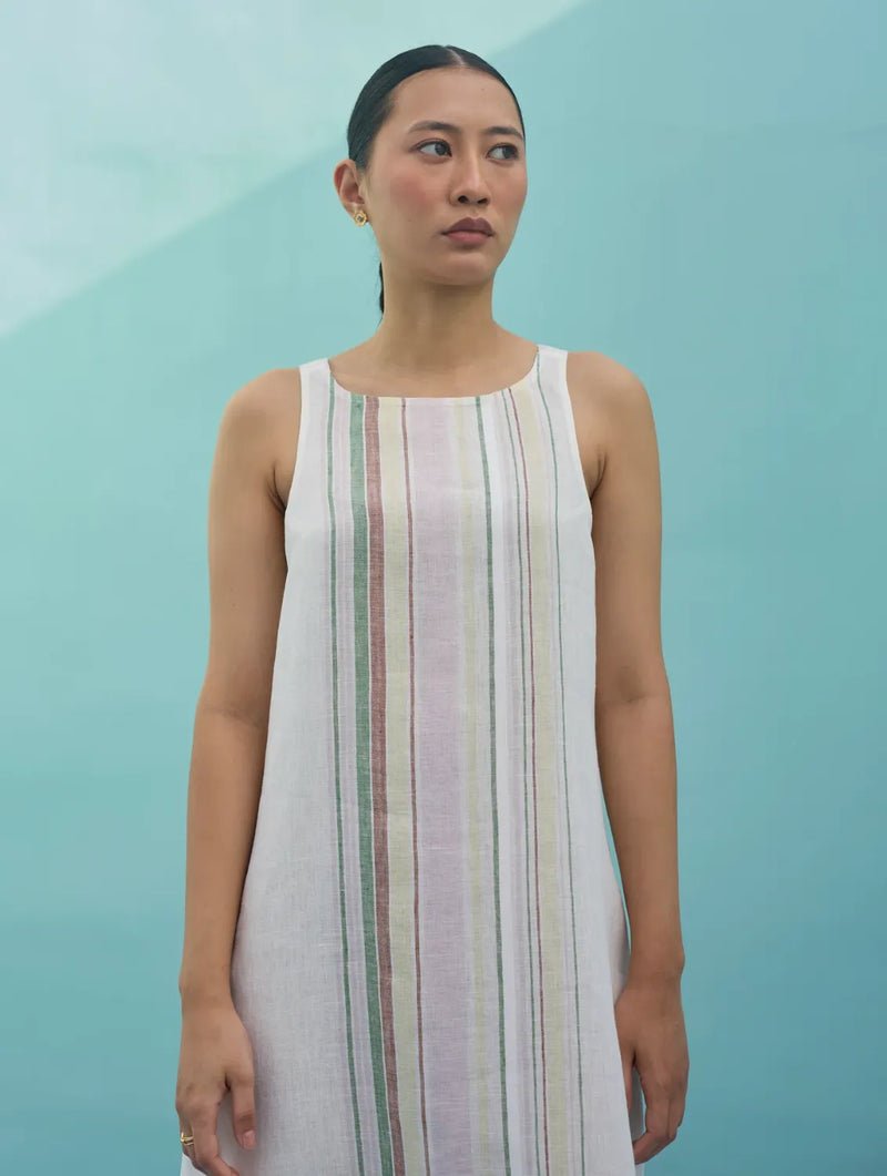 Beli Sleeveless Border Linen Dress - Ivory linen dress by Manan in ivory for women in Singapore