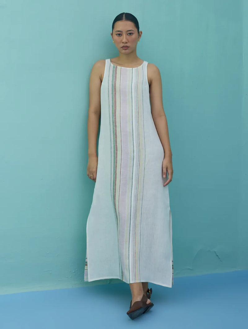 Beli Sleeveless Border Linen Dress - Ivory linen dress by Manan in ivory for women in Singapore