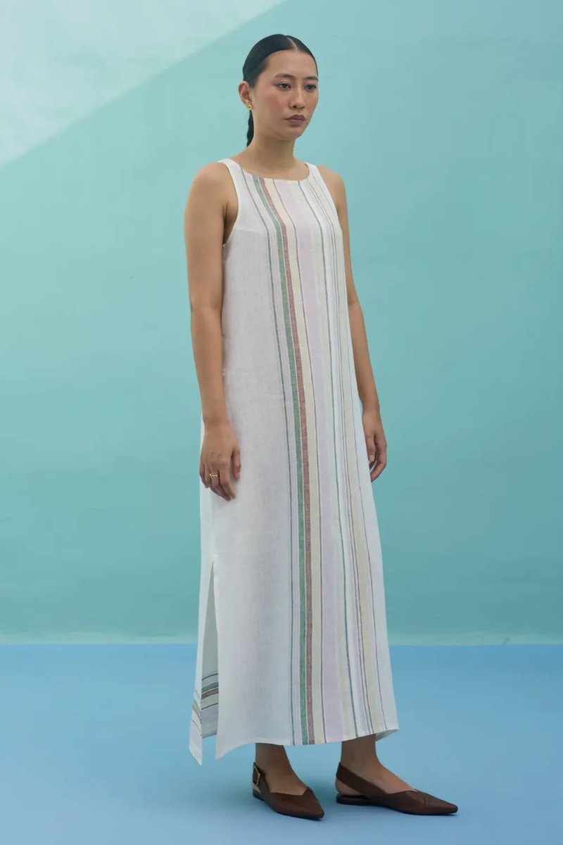 Beli Sleeveless Border Linen Dress - Ivory linen dress by Manan in ivory for women in Singapore