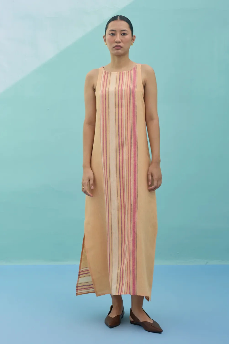 Beli Sleeveless Border Linen Dress - Apricot linen dress by Manan in apricot for women in Singapore