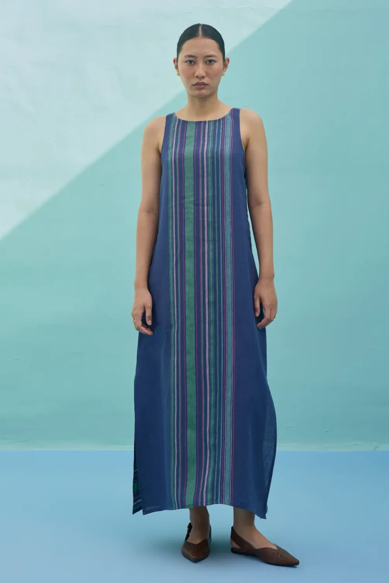 Beli Sleeveless Border Linen Dress - Indigo linen dress by Manan in navy for women in Singapore