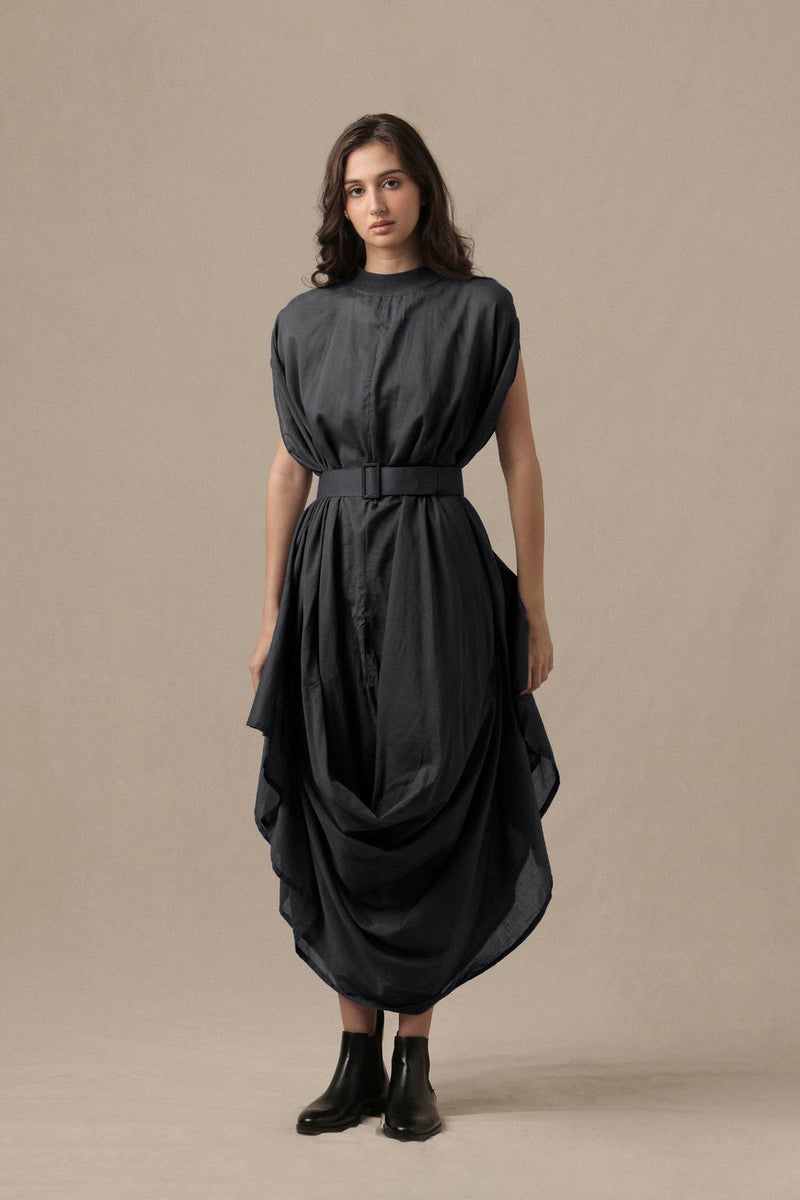 Belted Ash Gray Cowl Dress cotton dress by Mati in grey for women in Singapore