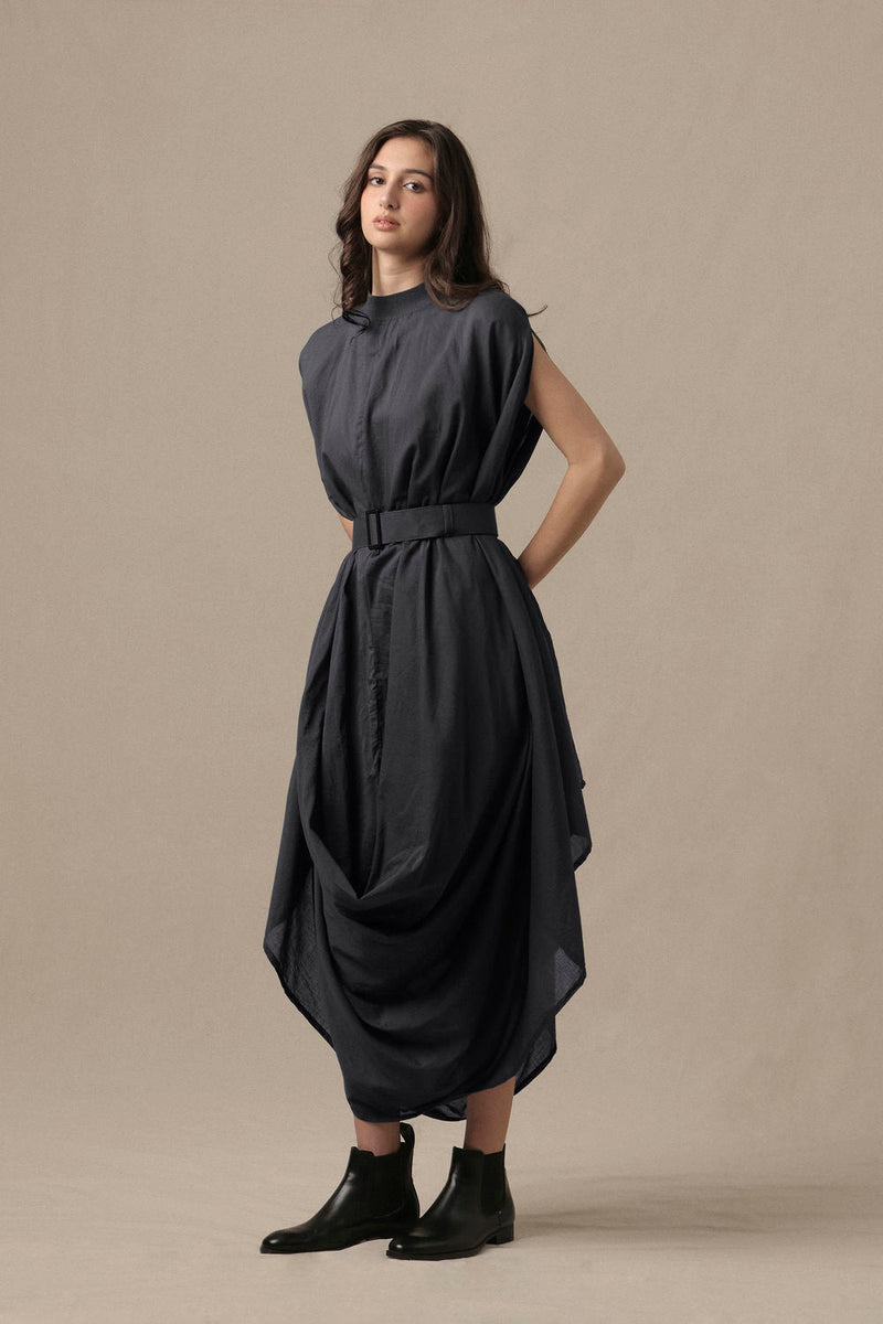 Belted Ash Gray Cowl Dress cotton dress by Mati in grey for women in Singapore
