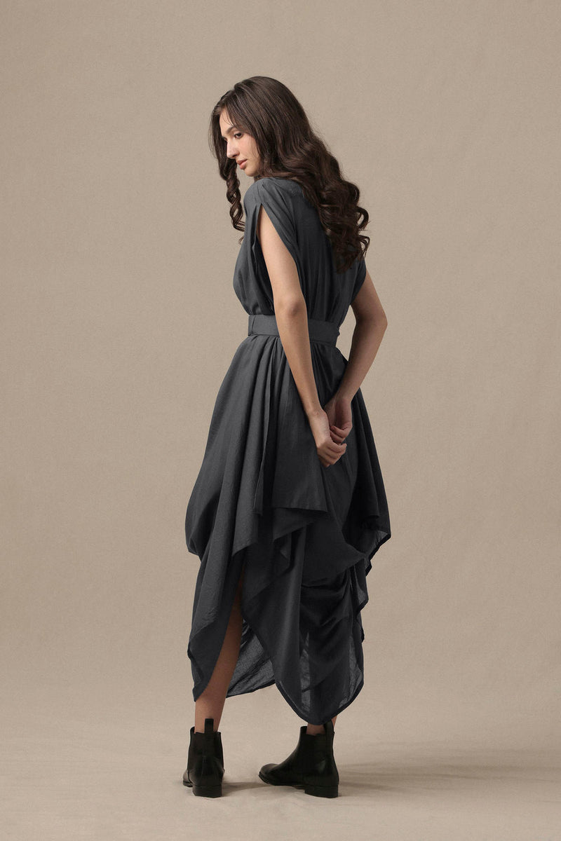 Belted Ash Gray Cowl Dress cotton dress by Mati in grey for women in Singapore