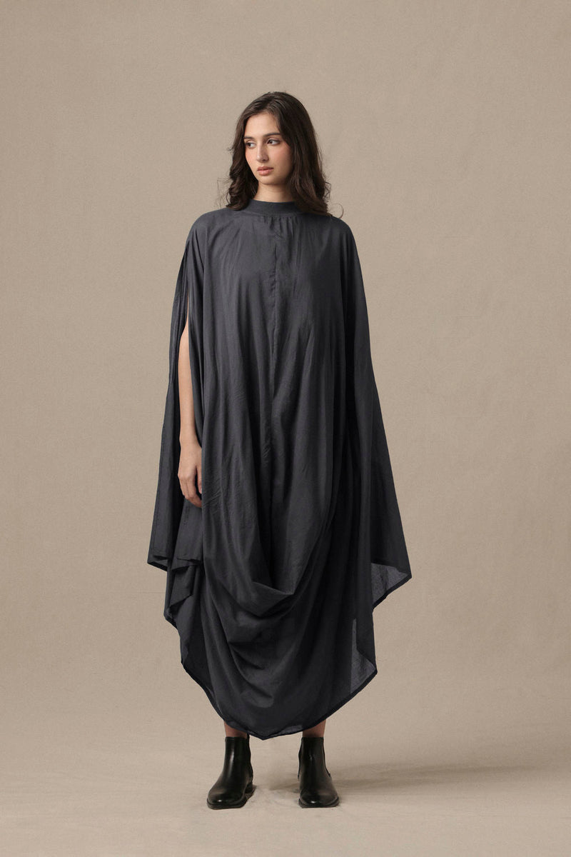 Belted Ash Gray Cowl Dress cotton dress by Mati in grey for women in Singapore
