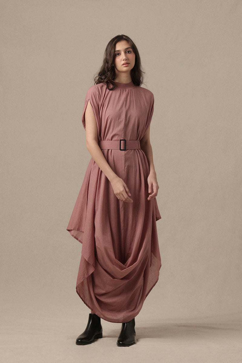 Belted Blush Cowl Dress cotton dress by Mati in pink for women in Singapore