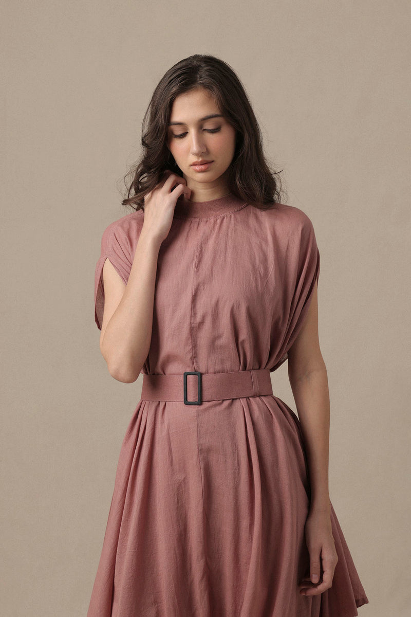 Belted Blush Cowl Dress cotton dress by Mati in pink for women in Singapore