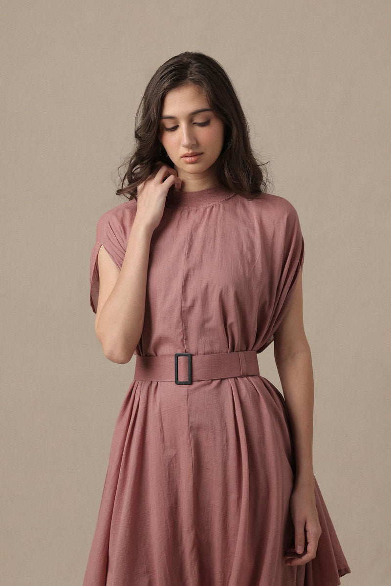 Belted Blush Cowl Dress cotton dress by Mati in pink for women in Singapore