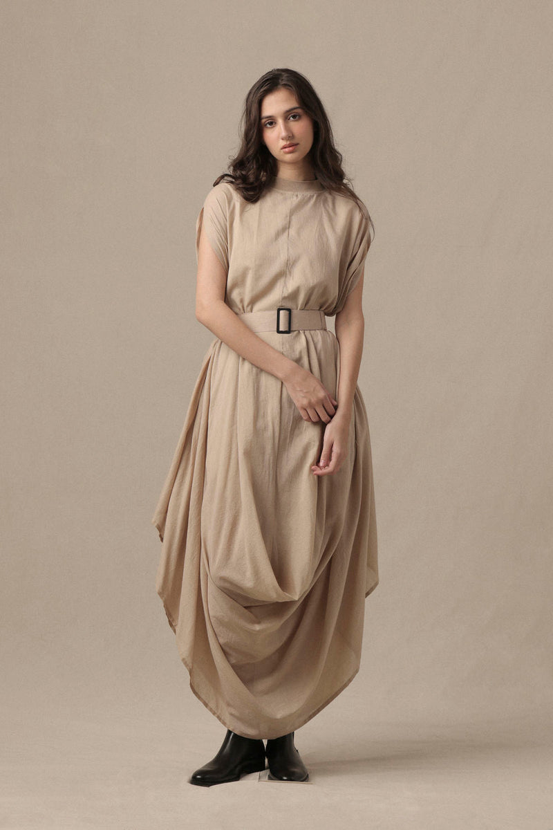 Belted Sand Cowl Dress cotton dress by Mati in brown for women in Singapore
