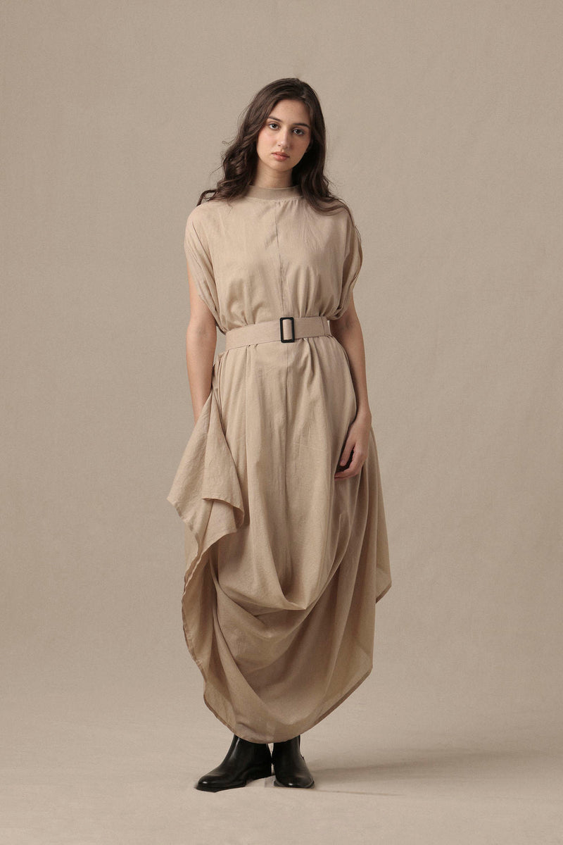Belted Sand Cowl Dress cotton dress by Mati in brown for women in Singapore