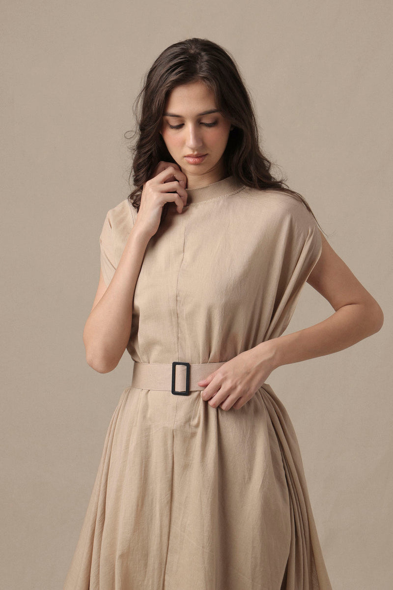 Belted Sand Cowl Dress cotton dress by Mati in brown for women in Singapore