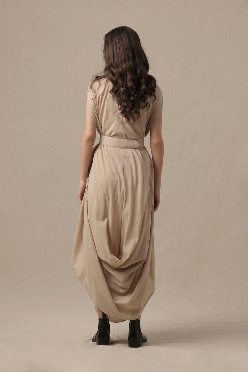 Belted Sand Cowl Dress cotton dress by Mati in brown for women in Singapore