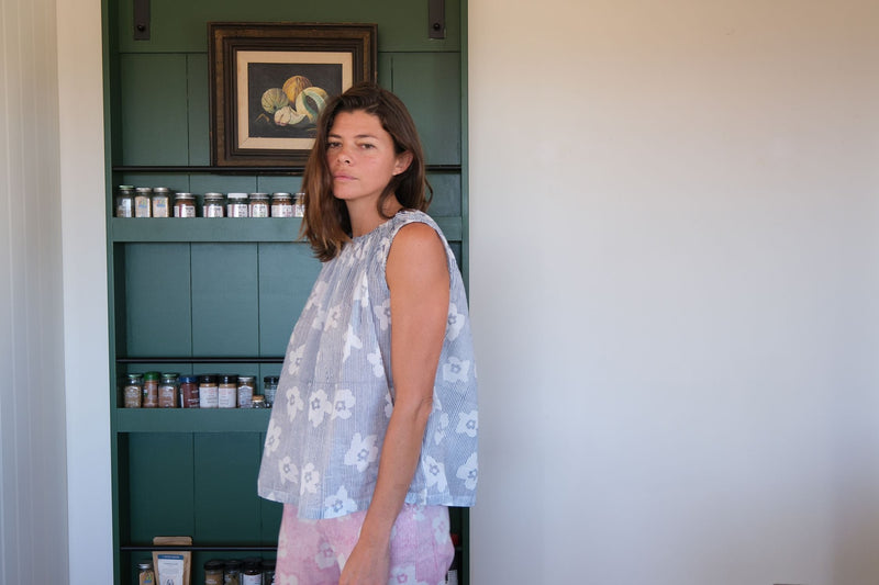 Berkeley Bloom Top hand block printed cotton. top/shirt by World of Crow in navy for women in Singapore