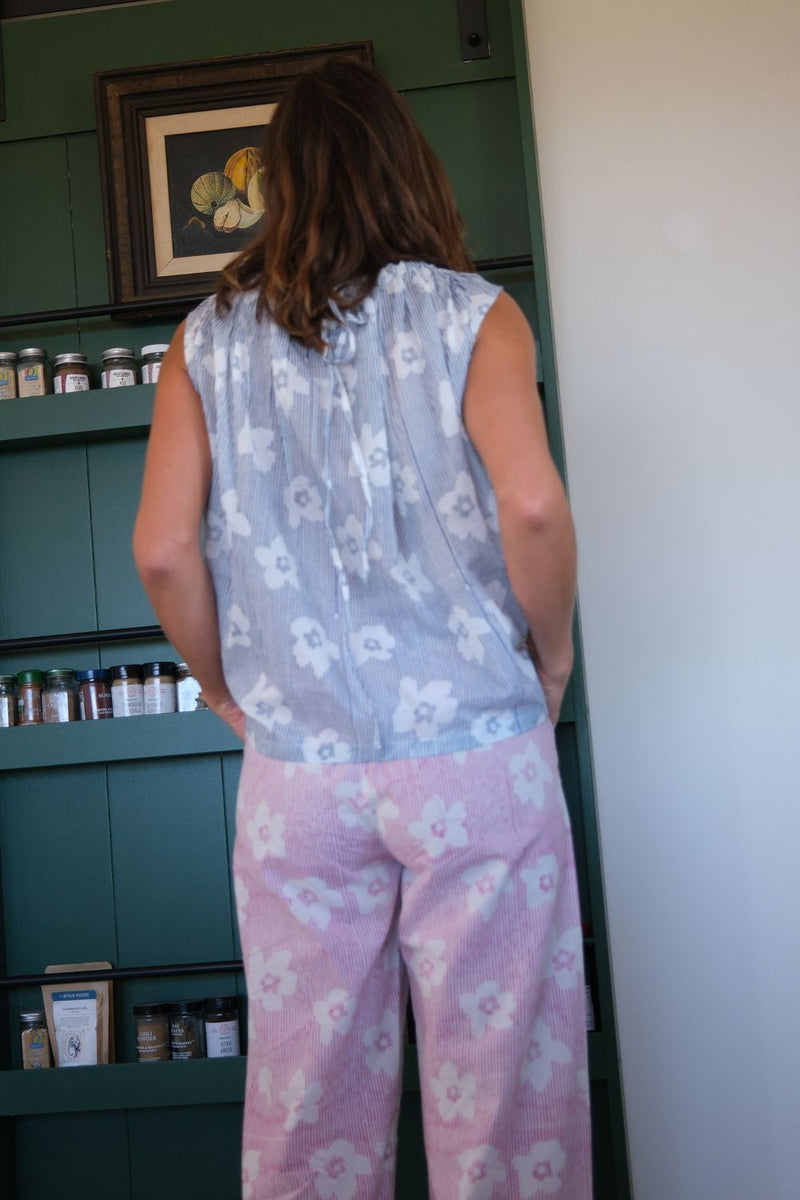 Berkeley Bloom Top hand block printed cotton. top/shirt by World of Crow in navy for women in Singapore