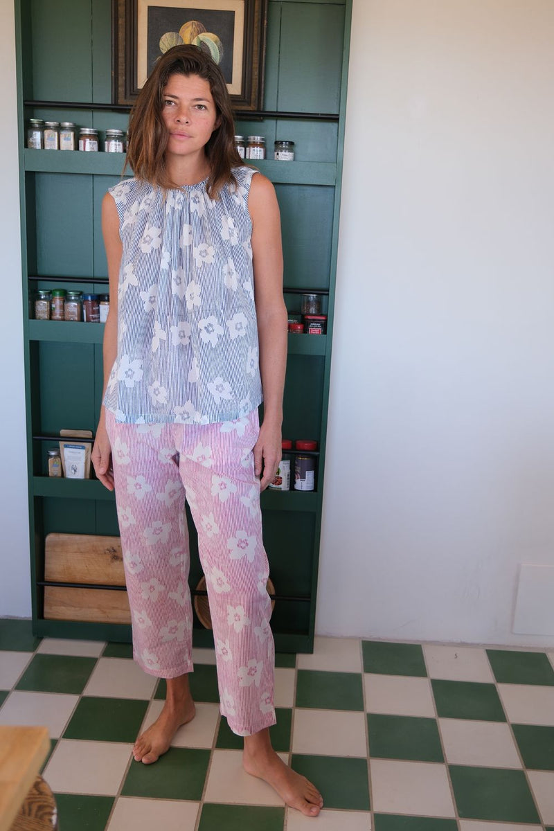 Berkeley Bloom Top hand block printed cotton. top/shirt by World of Crow in navy for women in Singapore