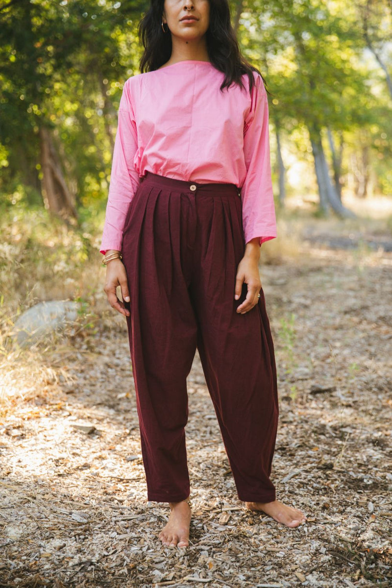 Pleated Pants - Berry cotton by World of Crow for women in Singapore