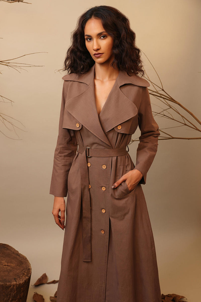 Biege Trench Dress 100% cotton by Mati in beige color for women in Singapore