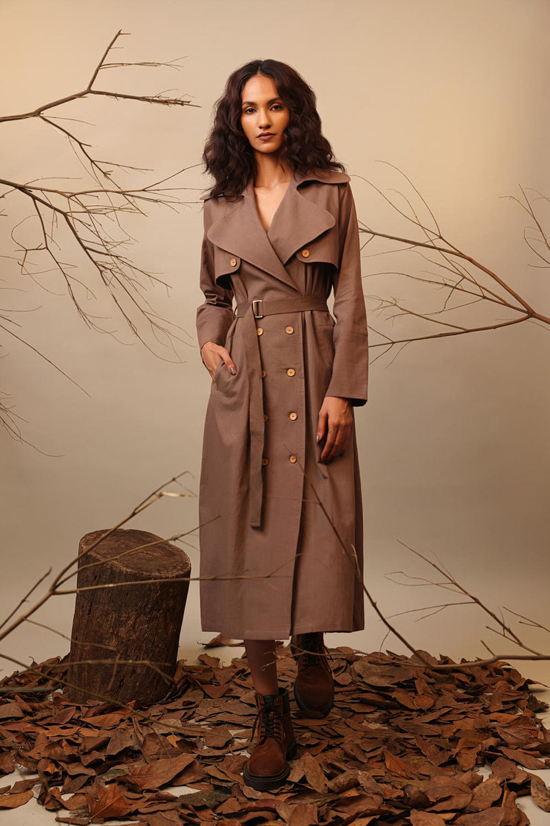 Biege Trench Dress 100% cotton by Mati in beige color for women in Singapore