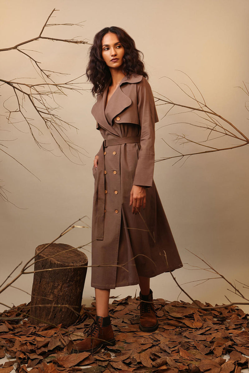 Biege Trench Dress 100% cotton by Mati in beige color for women in Singapore