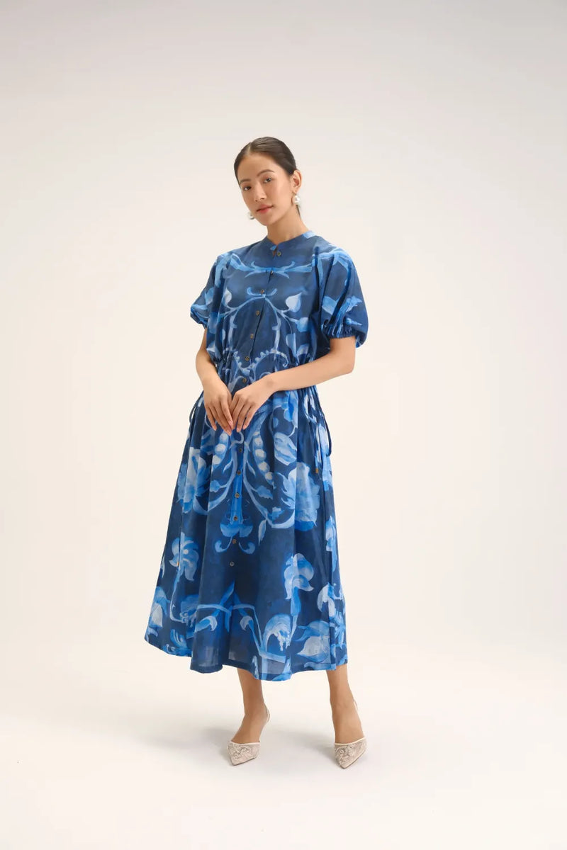 Bilberry Side Tie-up Dress cotton mulmul dress by YAM in blue for women in Singapore