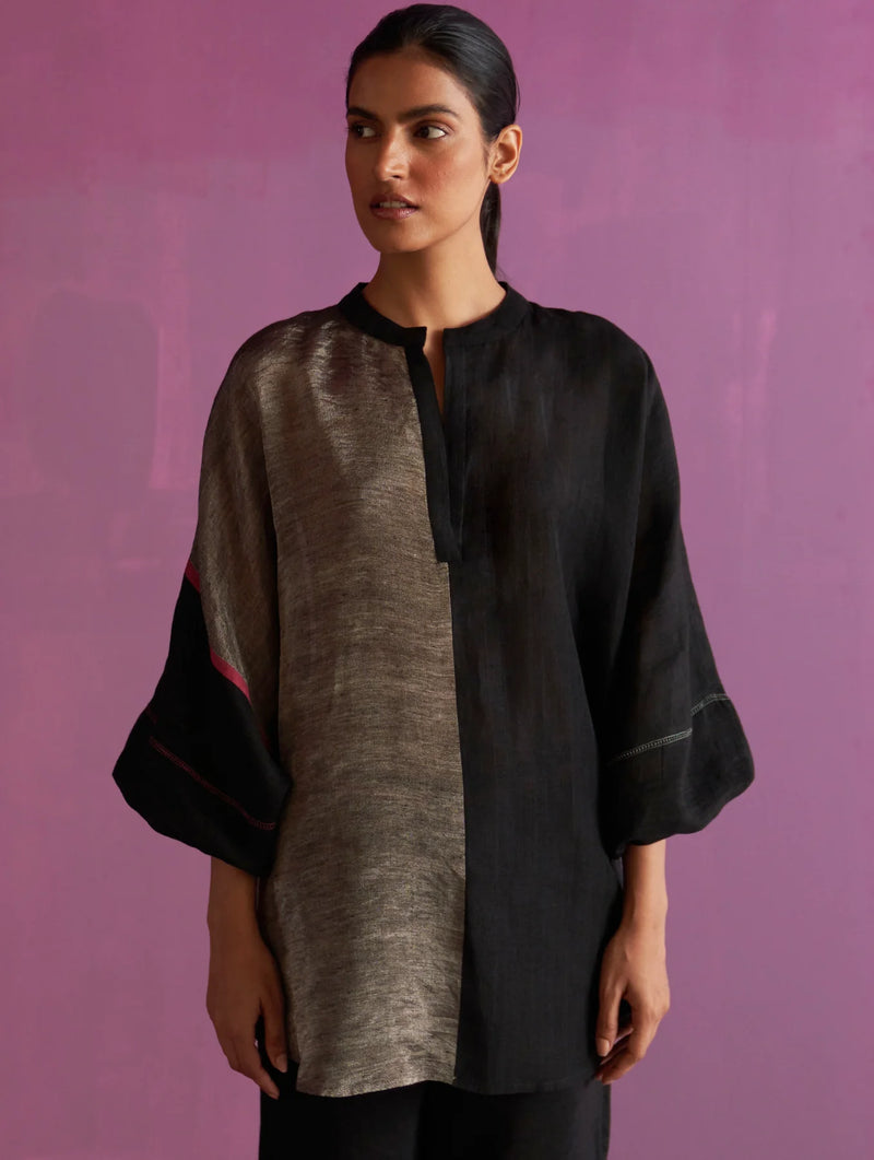 Ana Metallic Linen Top - Black linen by Manan in black color for women in Singapore