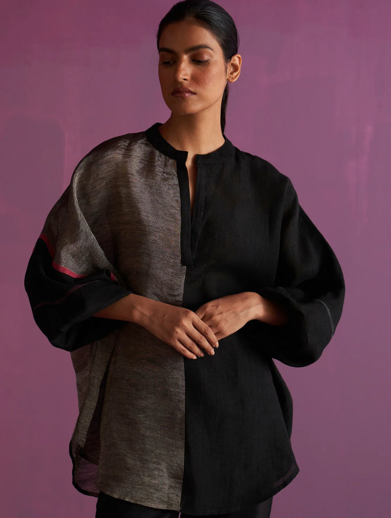 Ana Metallic Linen Top - Black linen by Manan in black color for women in Singapore