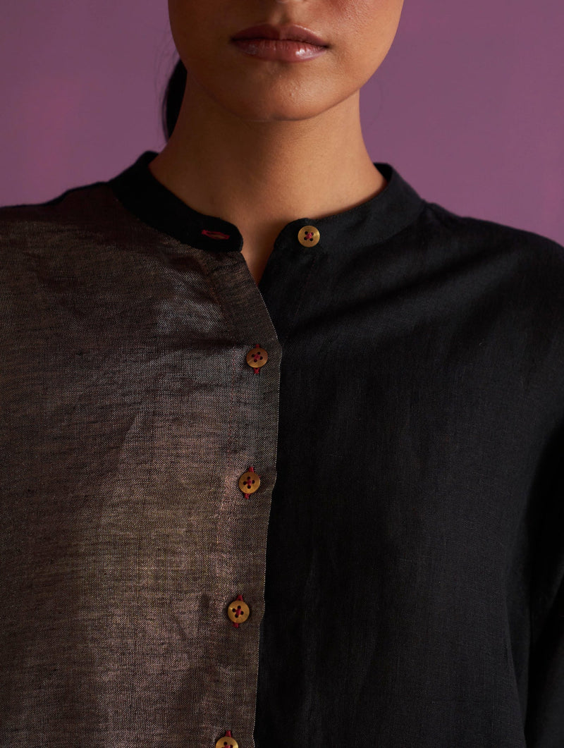 Clara Metallic Shirt Kurta - Black linen by Manan in black color for women in Singapore