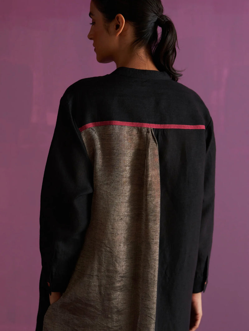 Clara Metallic Shirt Kurta - Black linen by Manan in black color for women in Singapore