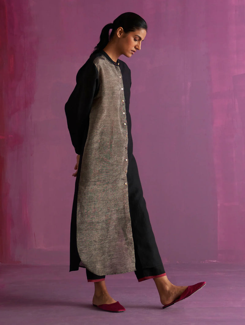 Clara Metallic Shirt Kurta - Black linen by Manan in black color for women in Singapore