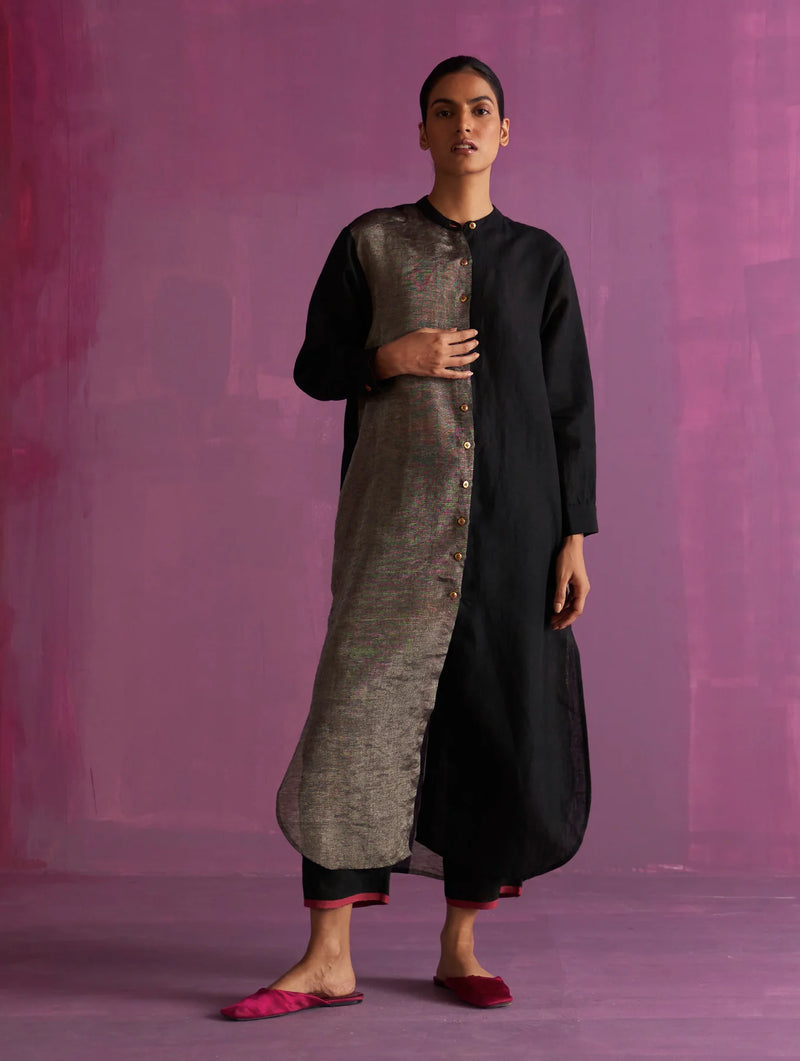 Clara Metallic Shirt Co-ord Set - Black linen by Manan in black color for women in Singapore