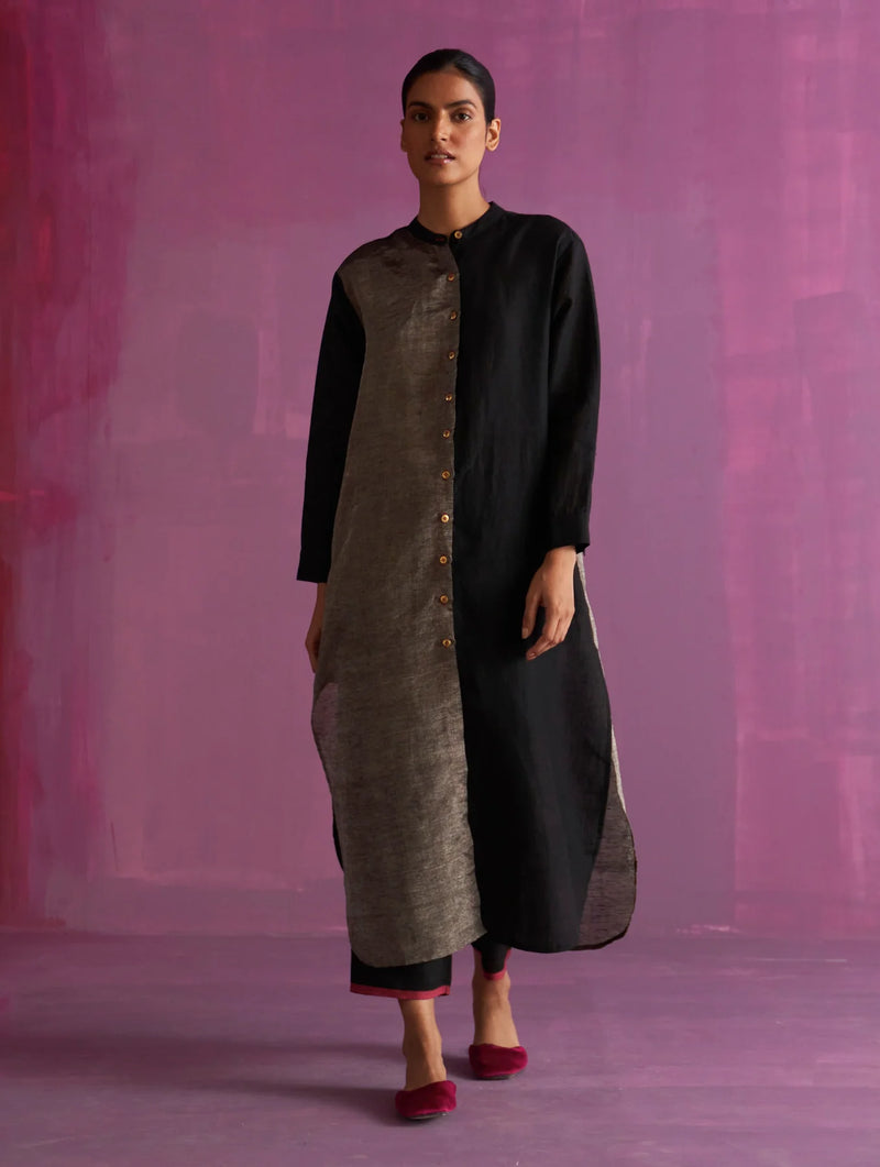 Clara Metallic Shirt Co-ord Set - Black linen by Manan in black color for women in Singapore