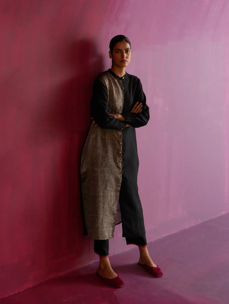 Clara Metallic Shirt Kurta - Black linen by Manan in black color for women in Singapore